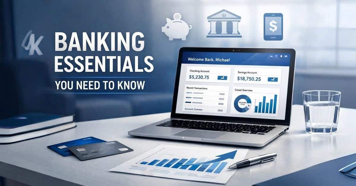 Person managing banking accounts on laptop showing online banking dashboard with savings and checking accounts โ 2026 guide