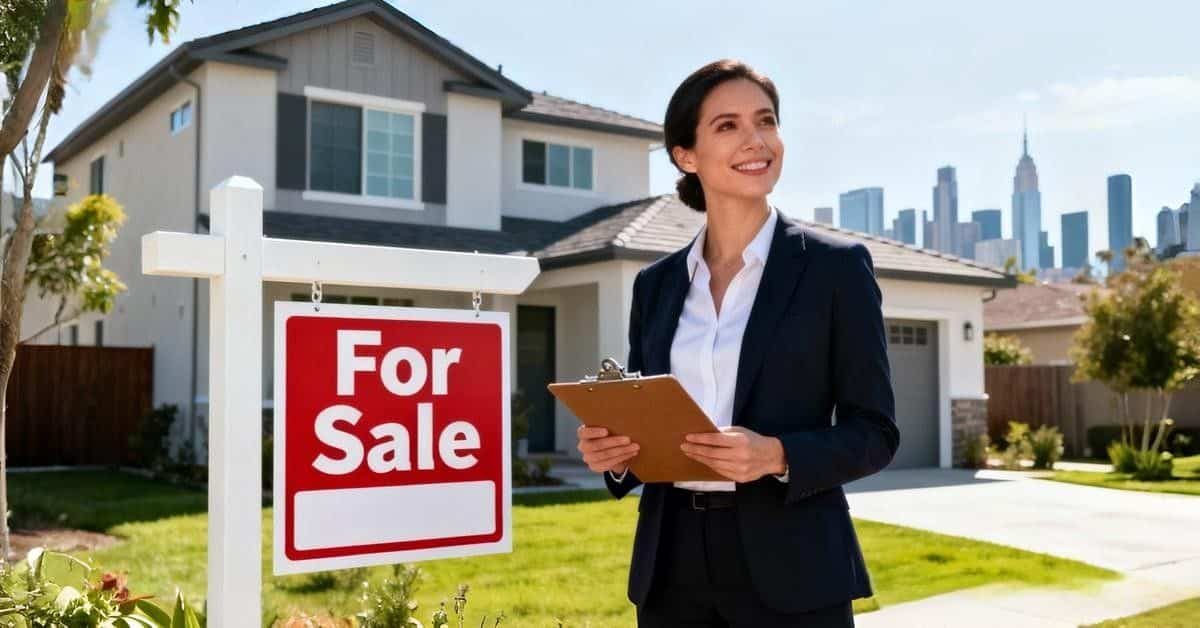 Professional real estate agent showing a modern home to buyers in 2026 US housing market โ complete buying and investing guide