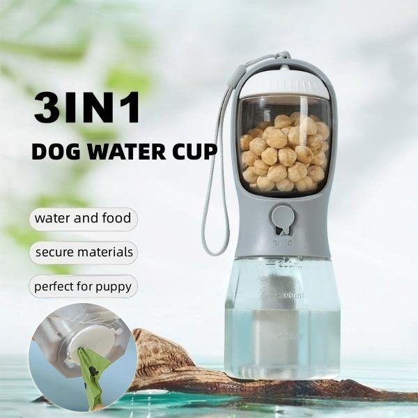 Portable Dog Water Bottle – 3-in-1 Travel Pet Cup for Food, Water & Waste Bags