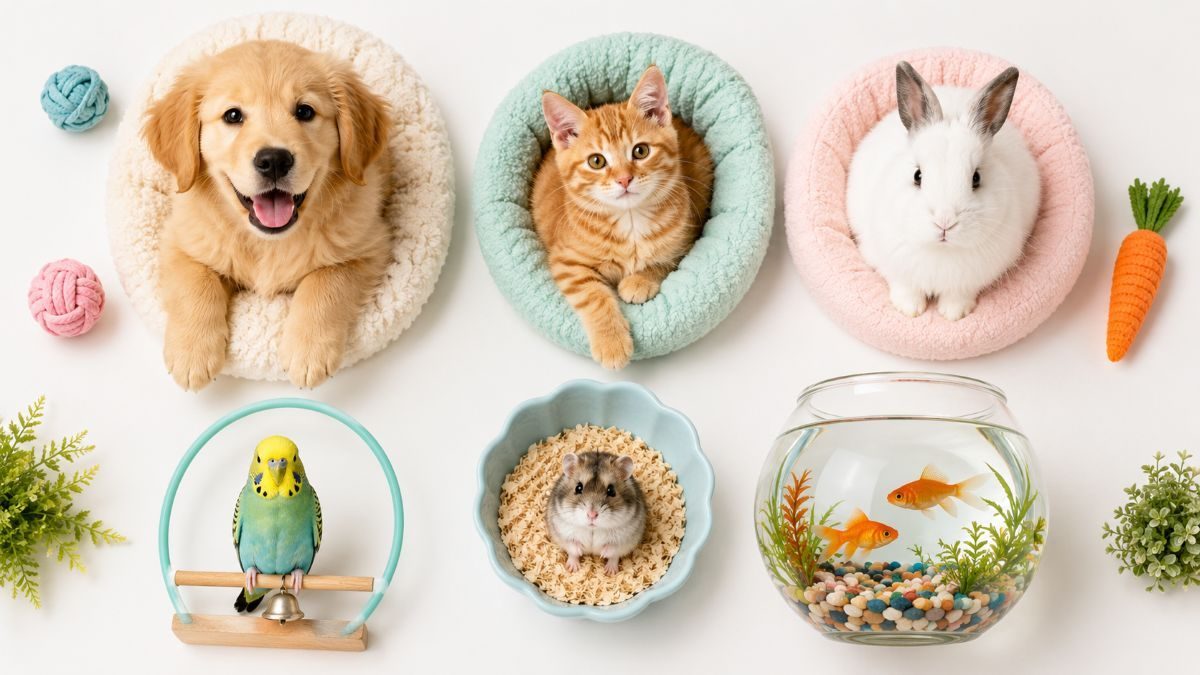 Different types of pets for beginners โ dog, cat, rabbit, bird, fish for new pet owners