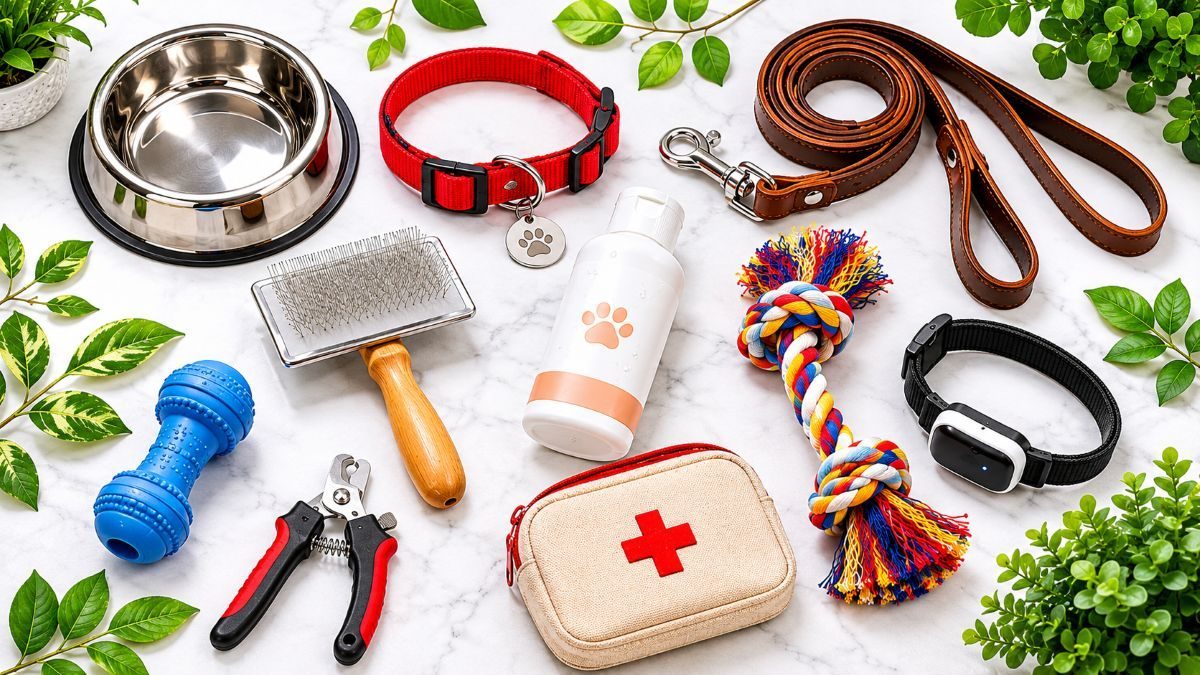 Essential pet products for beginners โ must-have pet supplies checklist flat lay