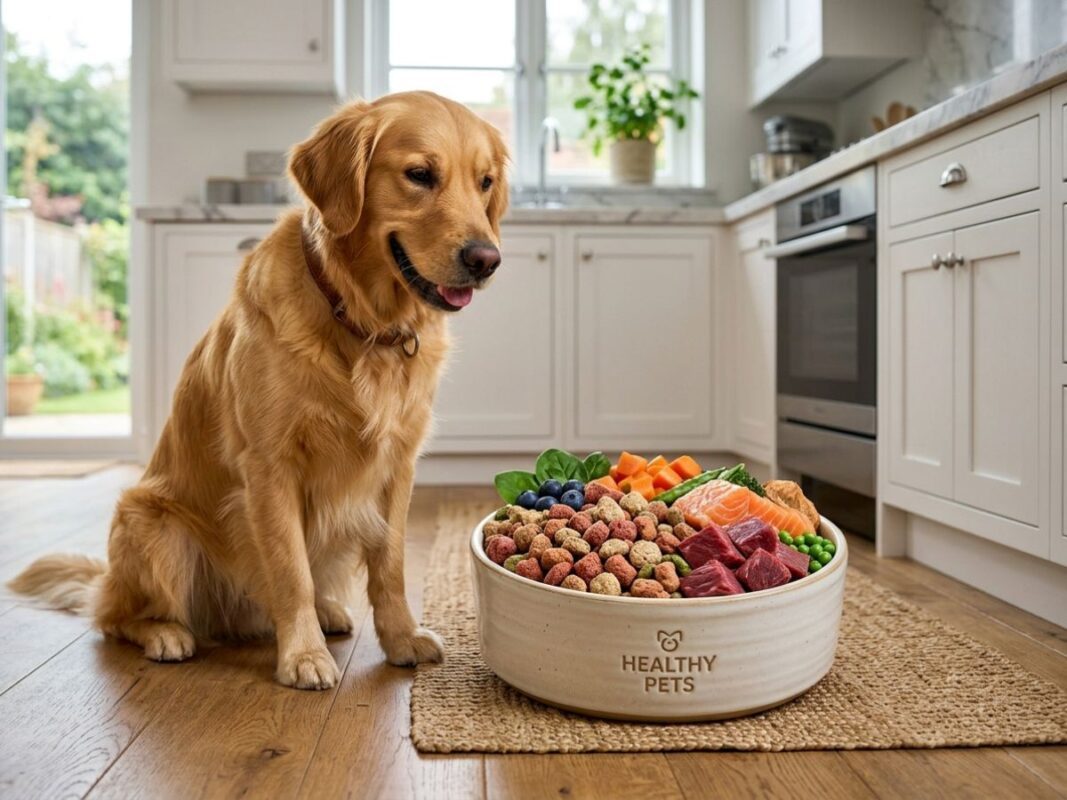 Golden retriever beside freeze dried raw dog food bowl