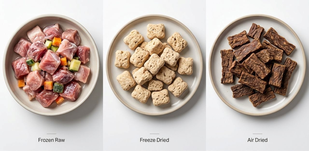 Comparison of frozen raw freeze dried and air dried dog food