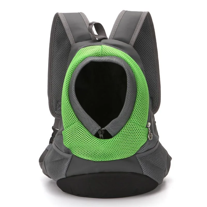 dog backpack carrier with breathable mesh opening on hiking trail