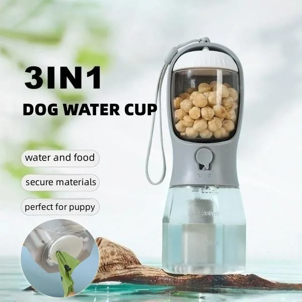 dog drinking water from portable water bottle on hiking trail