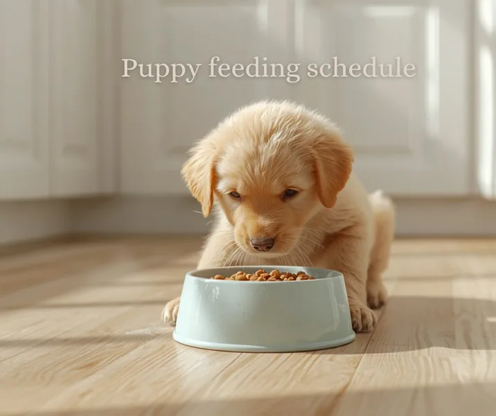 taking care of a puppy — puppy eating from food bowl in clean kitchen