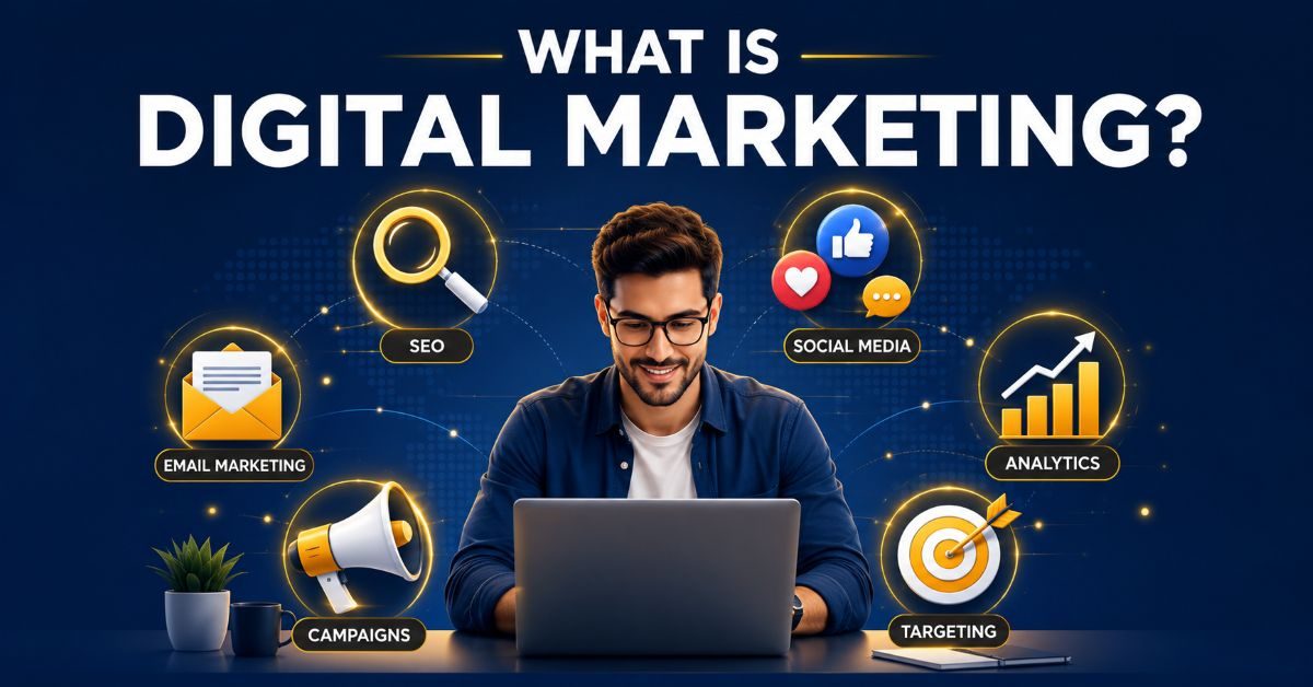 What is digital marketing โ illustration of SEO, social media, email and analytics channels