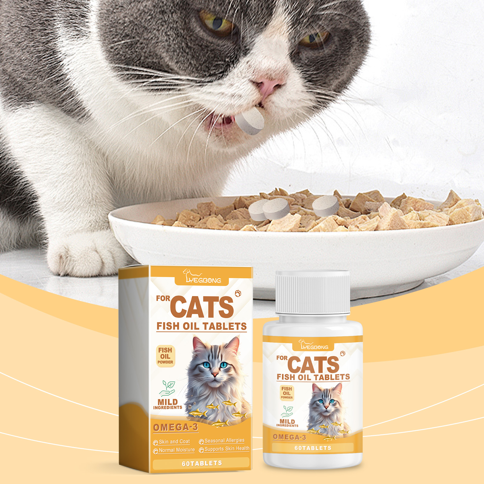 Cat 3 Fish Oil Tablets, Multivitamin Skin & Coat Supplement For Cats, Support Immune, Heart & Bone Health, 60 Chewable Tablets