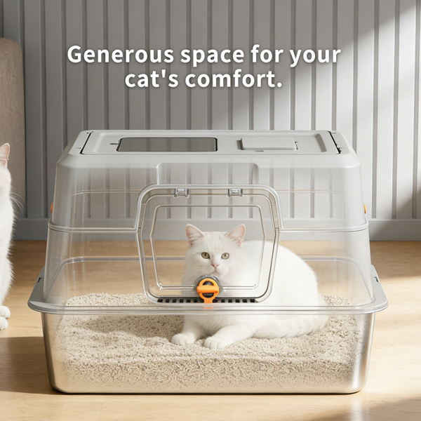 White Stainless Steel Fully Enclosed Cat Litter Box, Durable Enclosed Cat Litter Box, High Side To Prevent Scattering