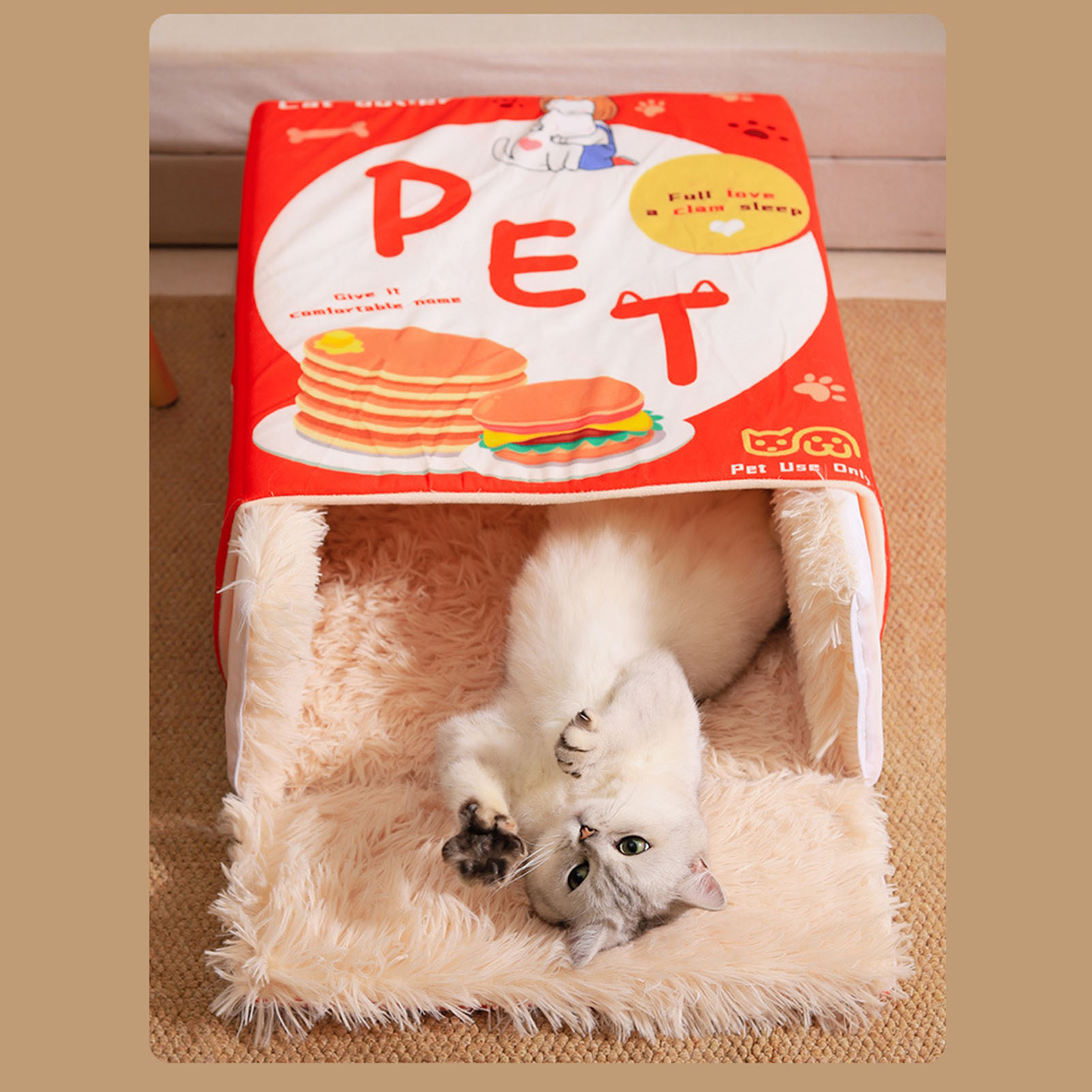Snack Box Cat Bed Cartoon Rectangular Fully Enclosed Four Season Universal Multifunctional Soft Pet Bed For Home Travel Red