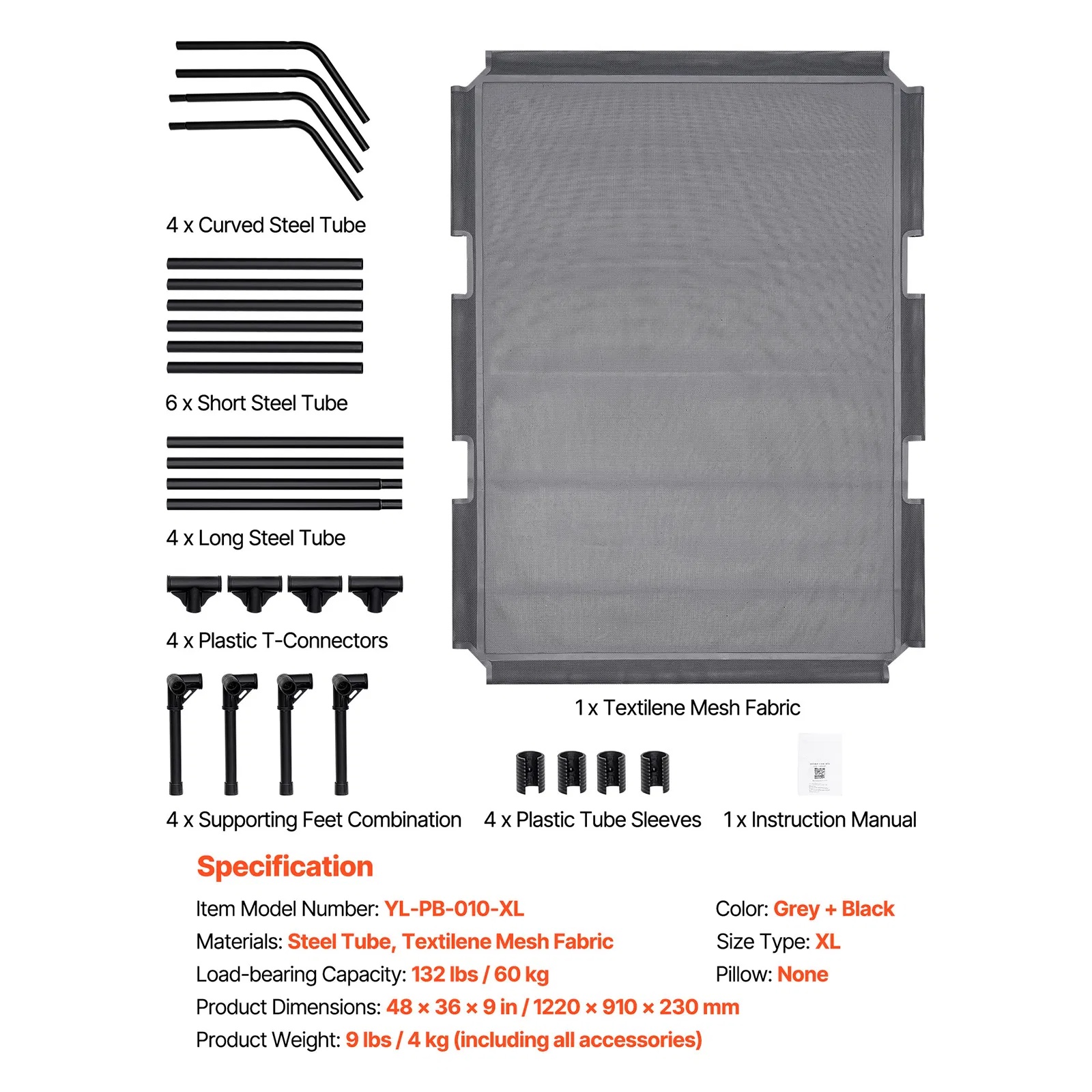 Elevated Dog Bed For Large Dogs XL, Raised Dog Cot With Heavy Duty Steel Frame, Breathable Teslin Mesh Cooling Dog Bed, Indoor & Outdoor Portable Hammock Pet Bed, Grey